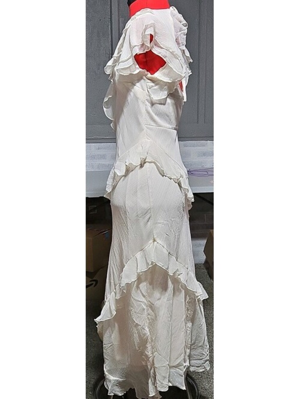 francesca's Cream Solid Maxi Dress S V-Neck Flutter Sleeve Open Back Zip - Picture 3 of 7